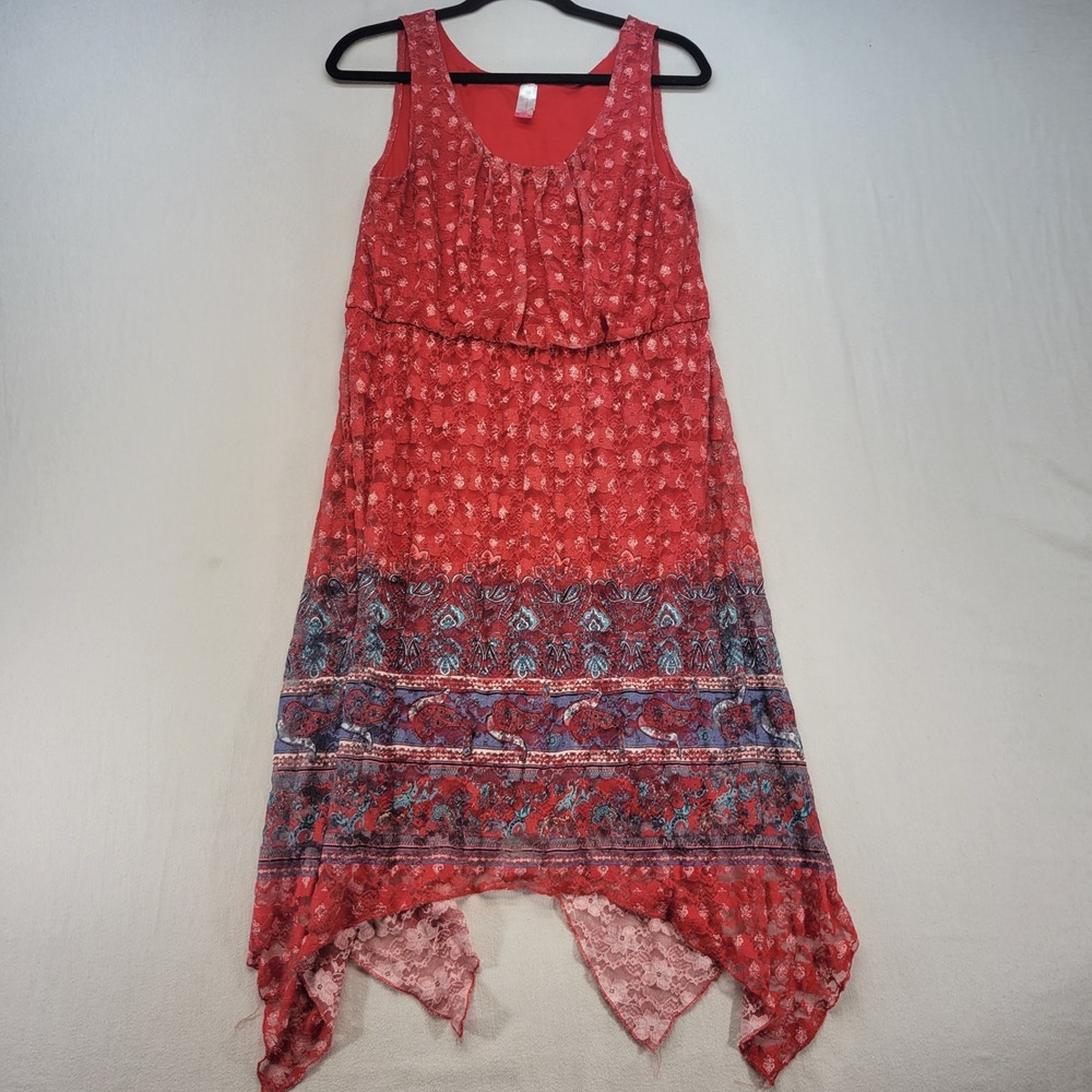 No Boundaries Dress Womens XL Red Lace Whimsical Handkerchief Sleeveless Floral